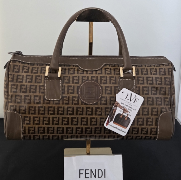 Fendi 1990s Zucca Coated Canvas Boston Bag w/textured leather- rare collectable